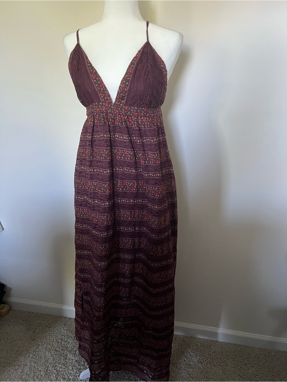 Free People Burgundy Floral-Stripe Spaghetti Strap Maxi Dress